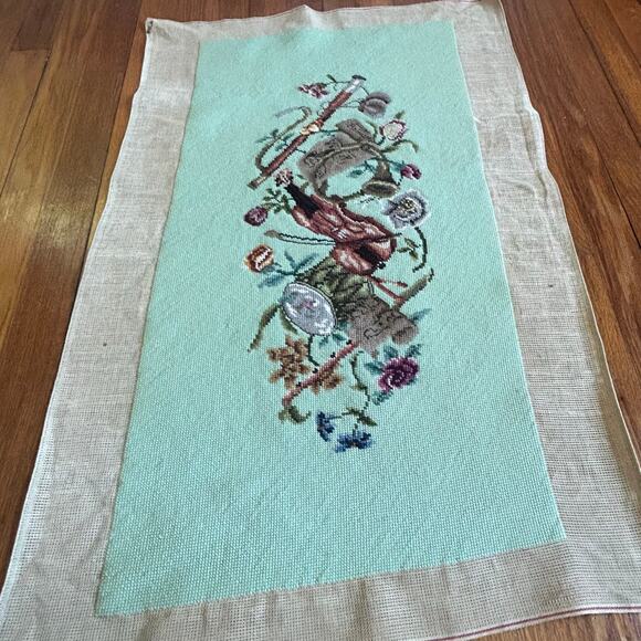 Vintage Finished Needlepoint with Music Violin and Floral Garland Design - Picture 5 of 11